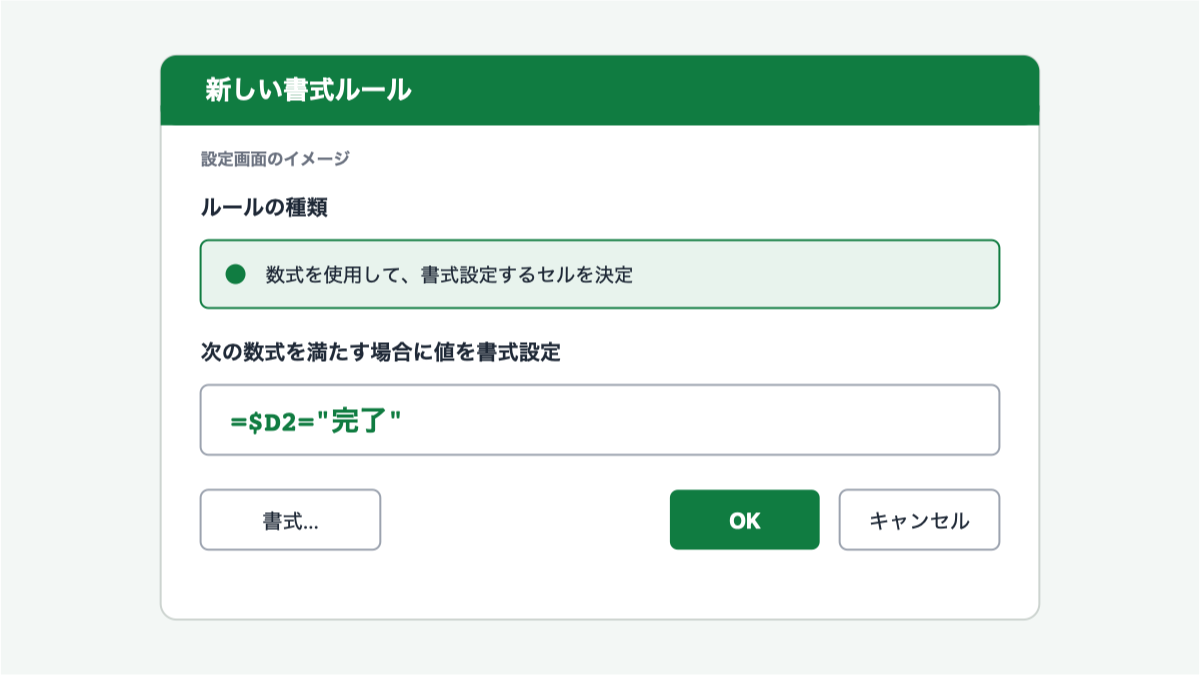 条件付き書式のルールへ数式を入力する設定画面のイメージ